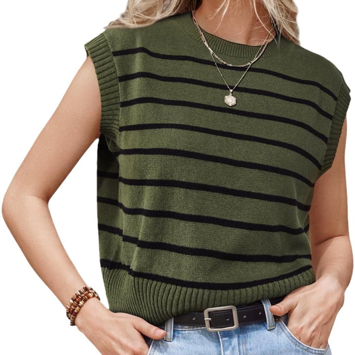 Women's Striped Fine Knit Vest with Round Neckline and Dropped Shoulder Mune Fashion
