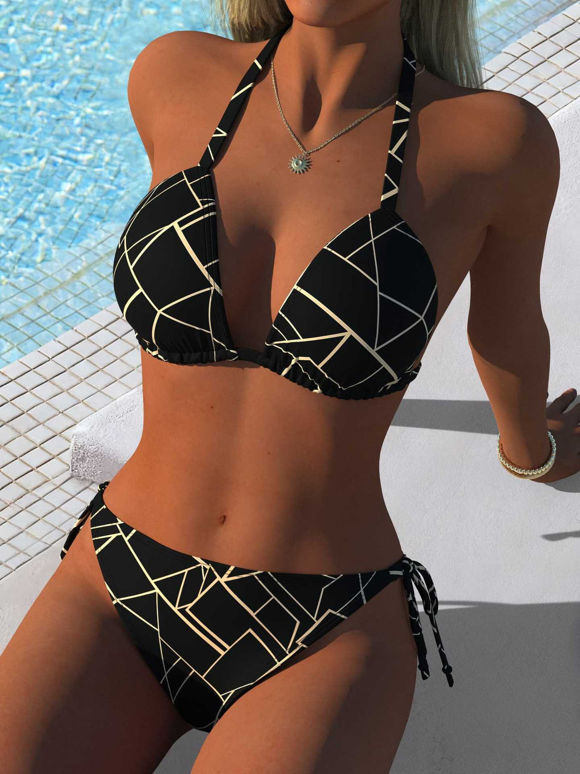 Women's Bikini Set with Pleated Triangle Top and Adjustable Side Ties Mune Fashion