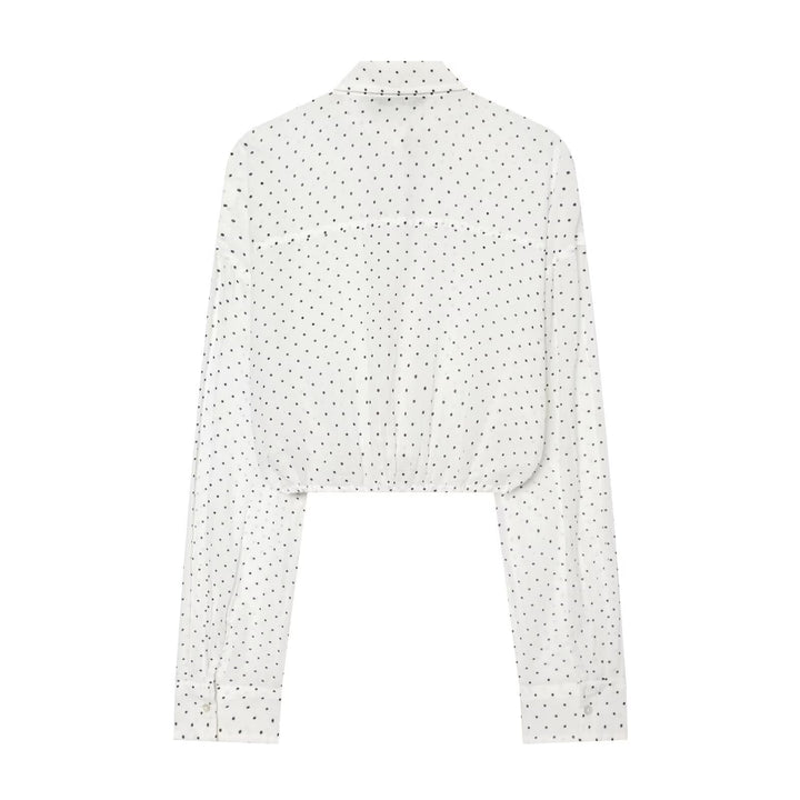 Women's Dotted Cropped Blouse with Drawstring and Shirt Collar Mune Fashion