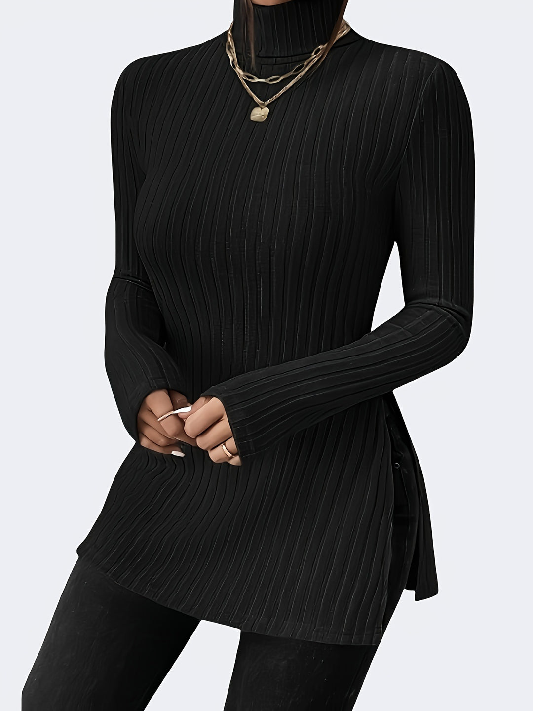 Women's Ribbed Longline Tunic with Stand Collar, Flared Sleeves and Side Slits Mune Fashion