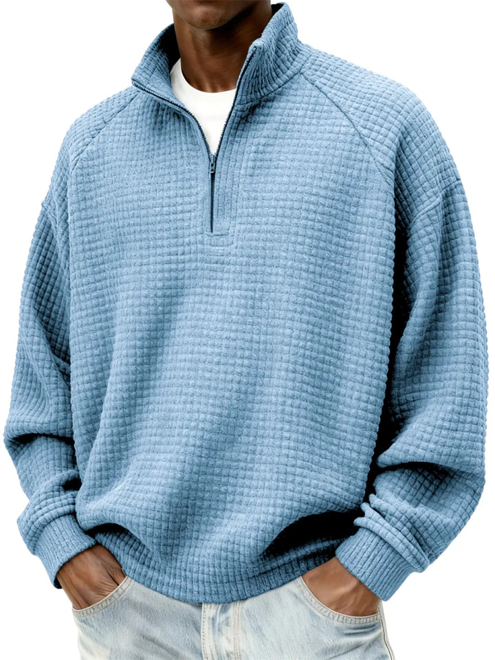 Men's Waffle Knit Oversized Sweater with Half-Zip and Stand-Up Collar Mune Fashion