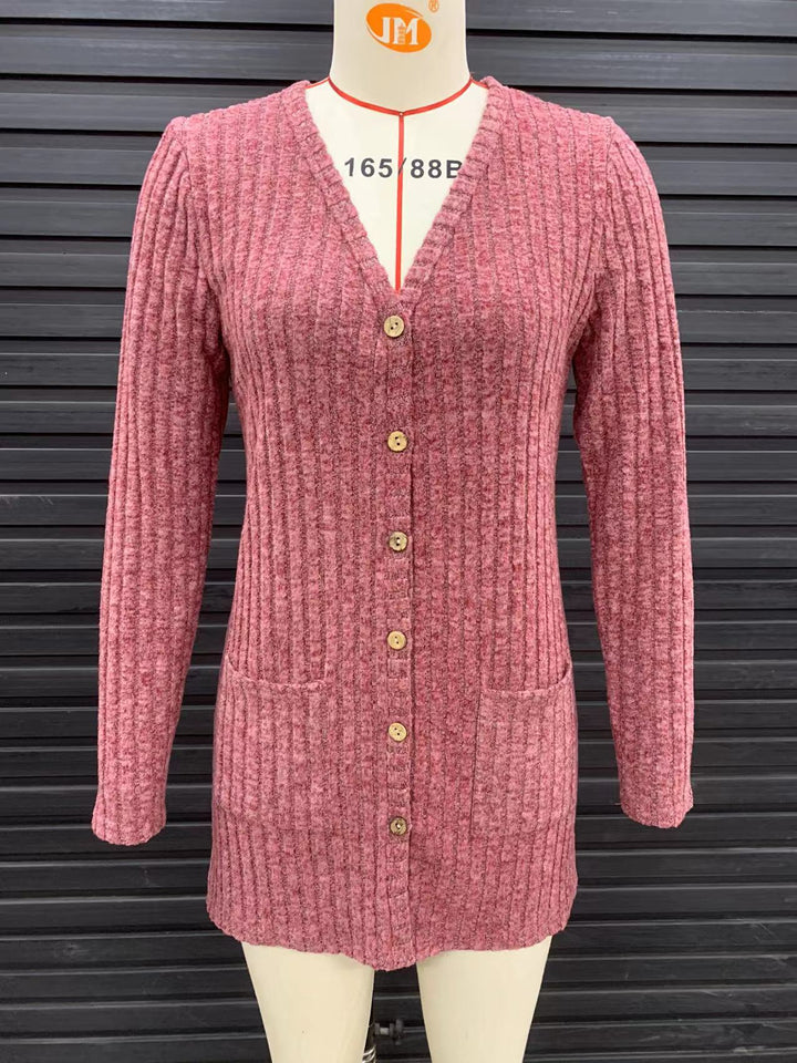 Women Long Cut Ribbed Knit Cardigan with Button Placket and Pocket Mune Fashion
