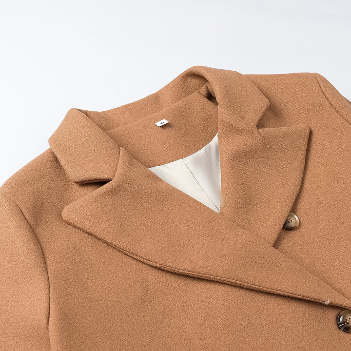 Women's Double-Breasted Long Coat with Wide Lapel Collar and Flap Pockets Mune Fashion