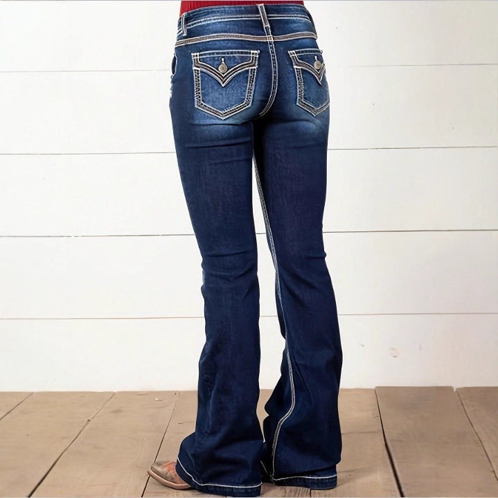 Women's High-Waisted Flared Jeans with Decorative Metal Buttons and Contrast Stitching Mune Fashion