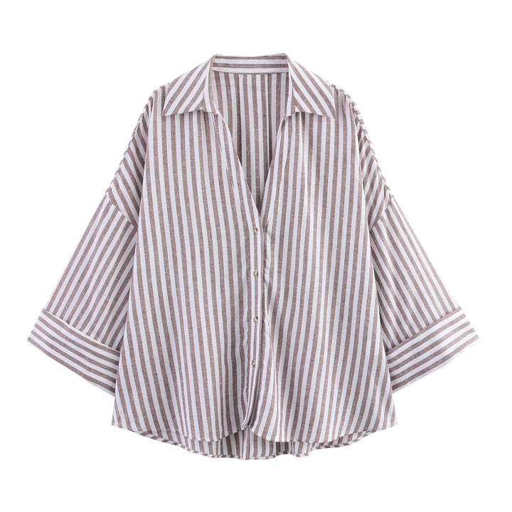 Women oversized striped shirt blouse with dropped shoulder, 3/4 sleeves and extended back hem Mune Fashion