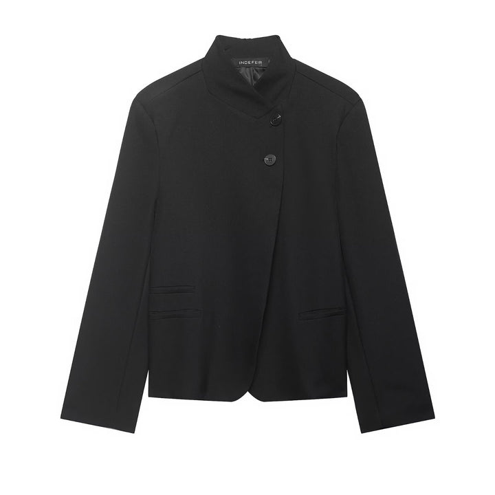 Women's Short Blazer with Stand Collar and Asymmetric Two-Button Closure Mune Fashion