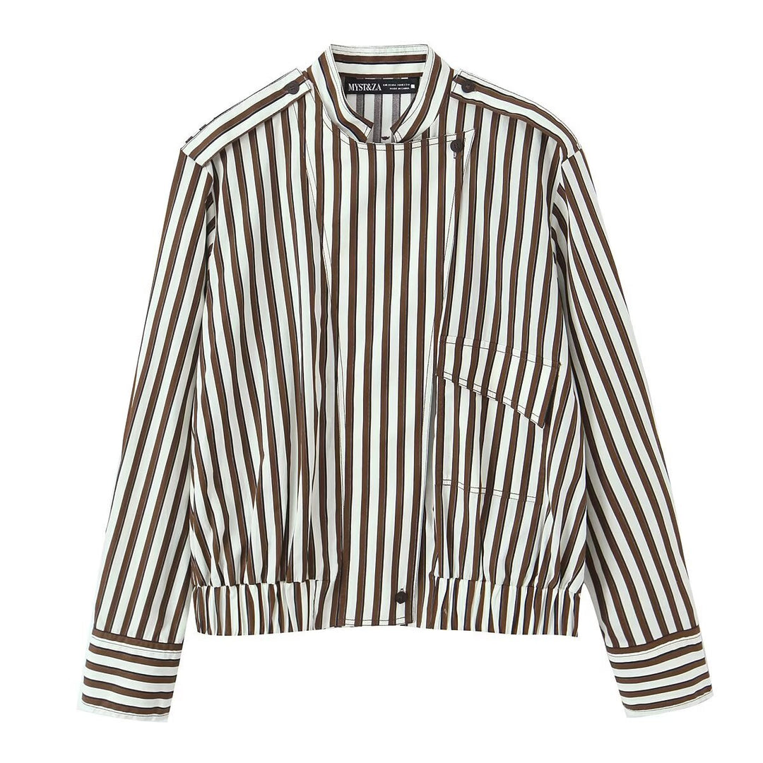 Women's Striped Oversized Transitional Jacket with Stand-up Collar and Patch Breast Pocket Mune Fashion