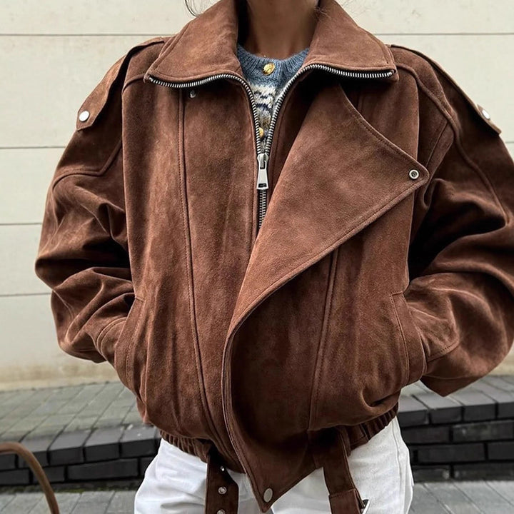 Women's Oversized Bomber Jacket in Velvet Look with High Stand-up Collar and Waist Belt Mune Fashion
