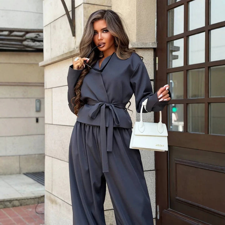 Women's Elegant Two-Piece Set with Wrap Jacket and Wide Pleat Trousers Mune Fashion
