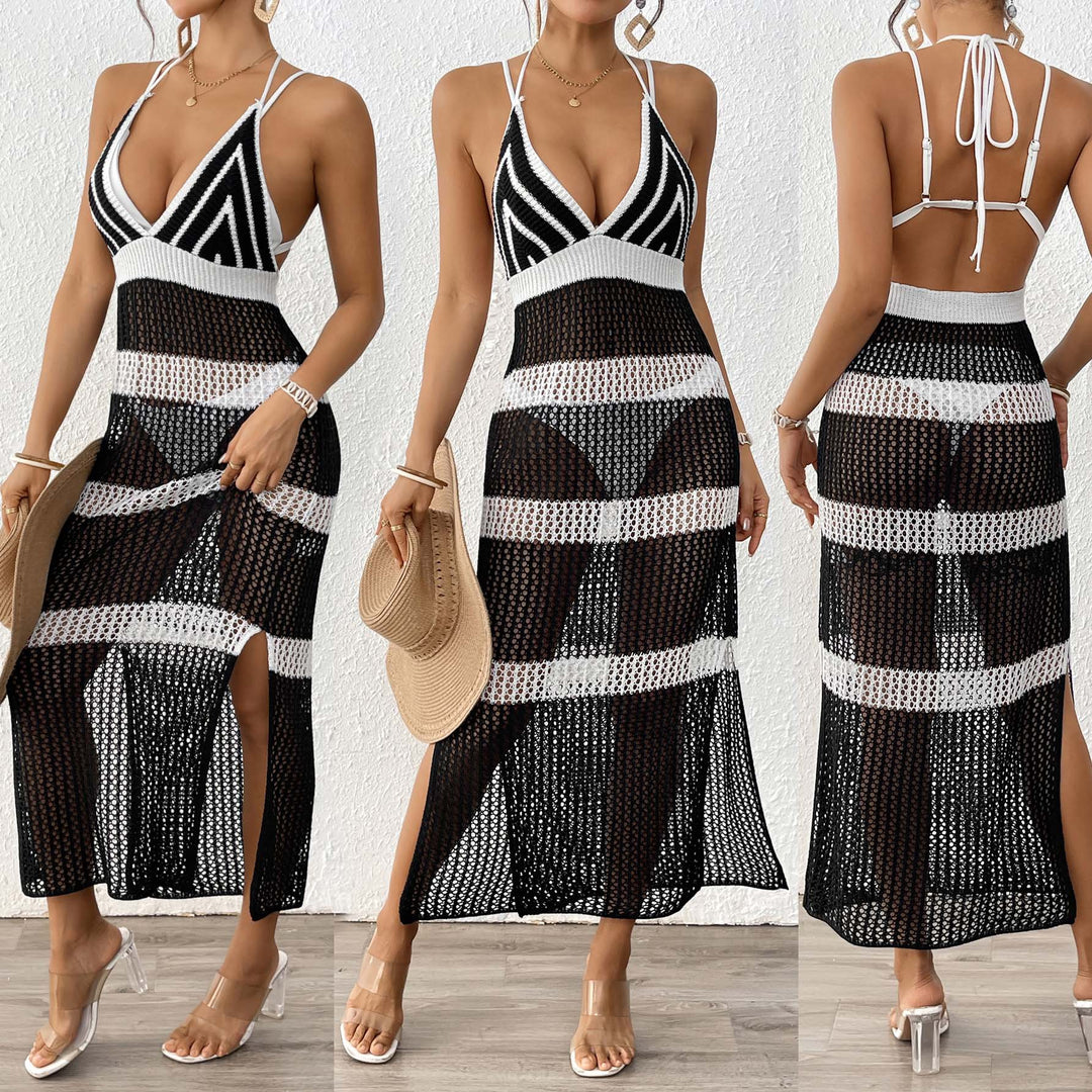 Women's crocheted beach cover-up with stylish V-neck and elegant stripe details Mune Fashion