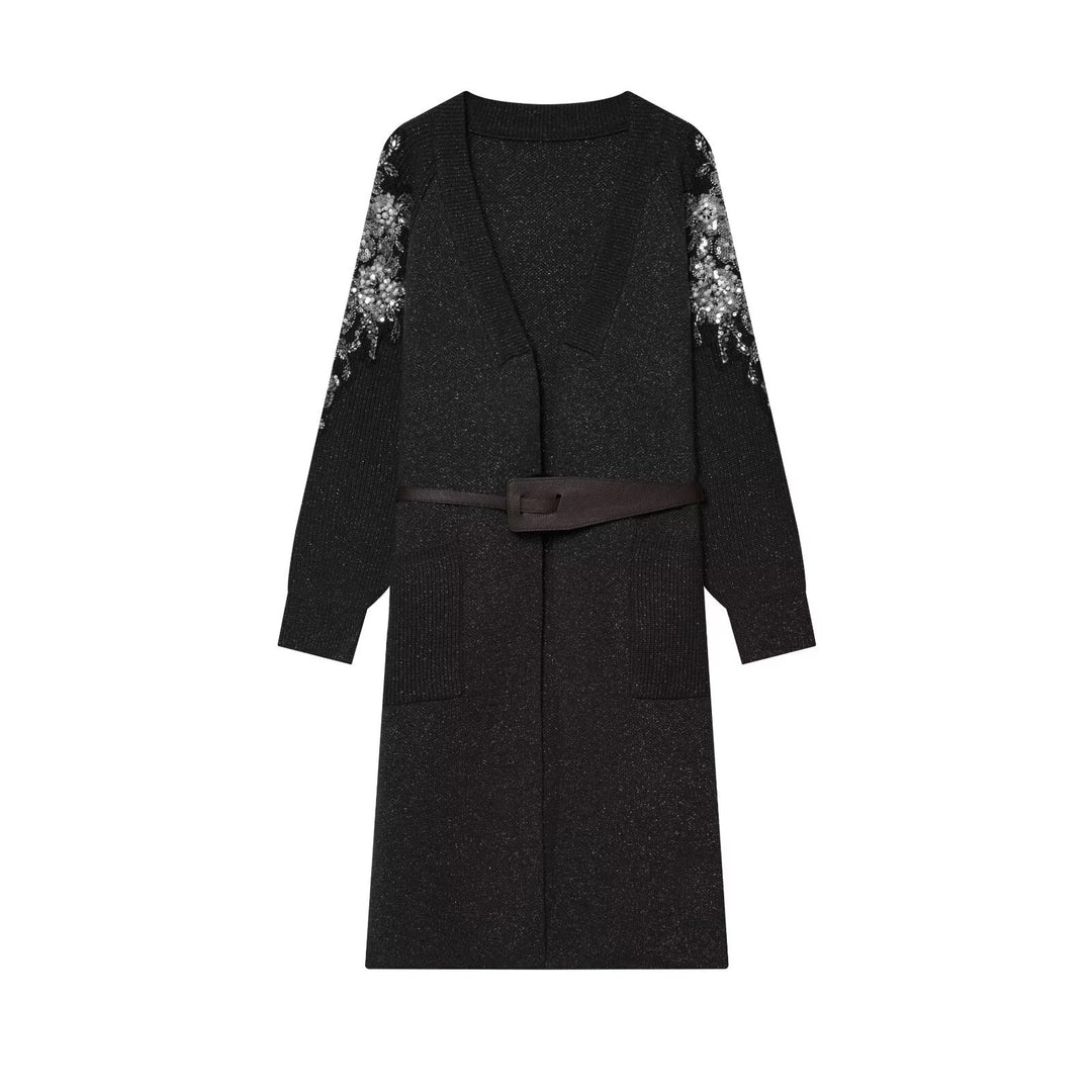 Women's Long Knit Coat-Cardigan with Waist Belt and Sequin Sleeves Mune Fashion