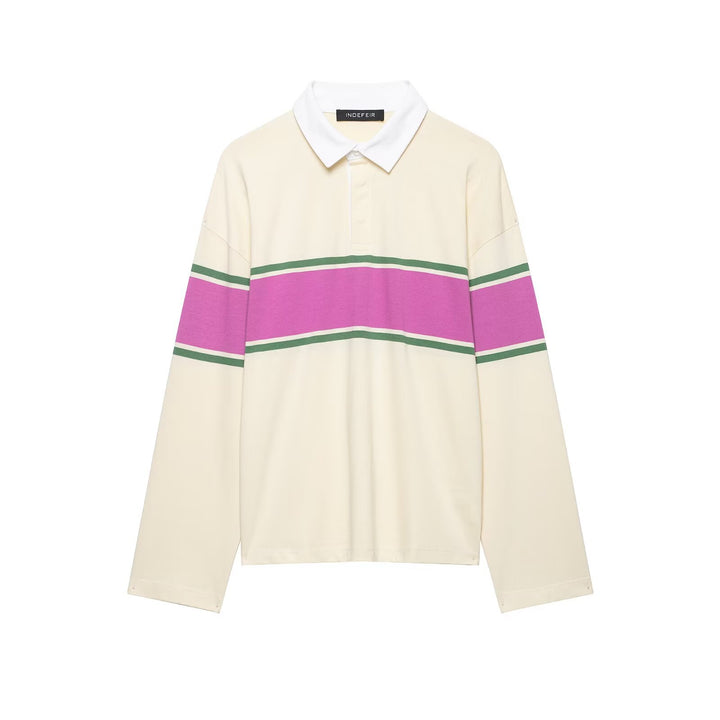 Women's Oversize Rugby Polo Shirt with Wide Block Stripes and Kent Collar Mune Fashion