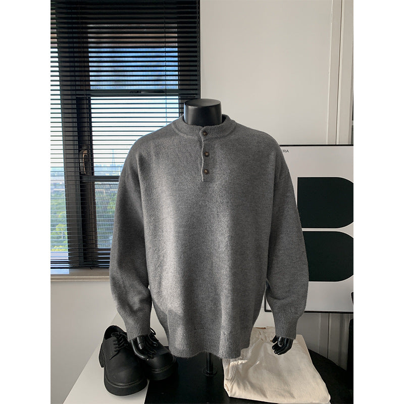 Men's Oversized Knit Sweater with Henley Collar and Half Button Placket Mune Fashion