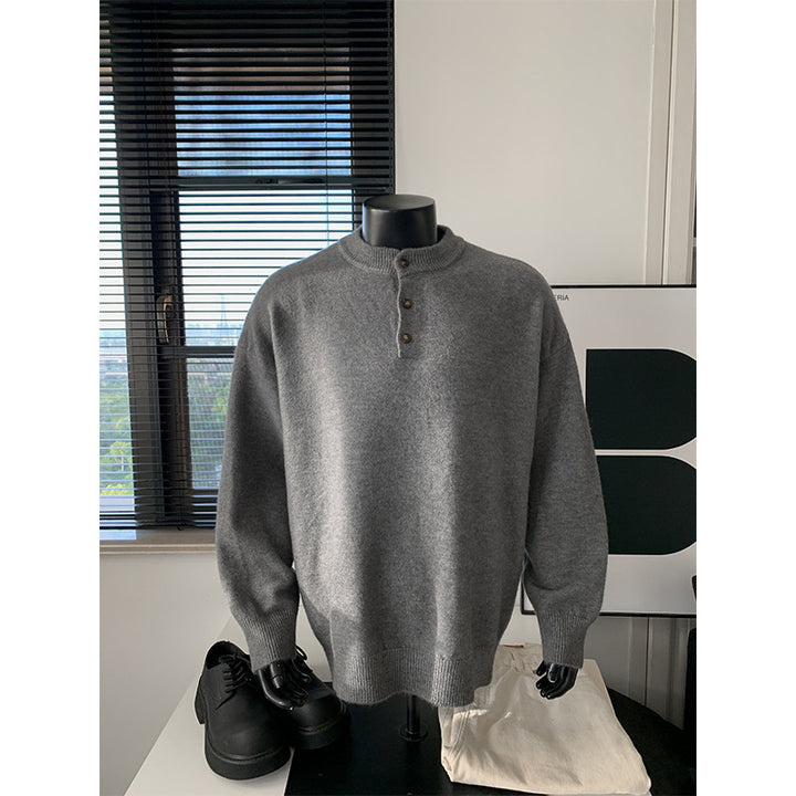 Men's Oversized Knit Sweater with Henley Collar and Half Button Placket Mune Fashion