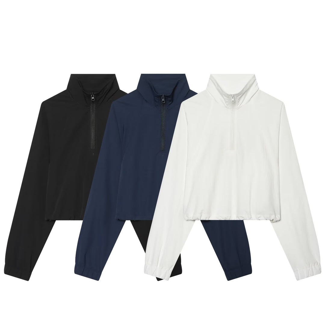 Women's Short Cut Windbreaker with Half Zipper, High Stand Collar and Drawstring