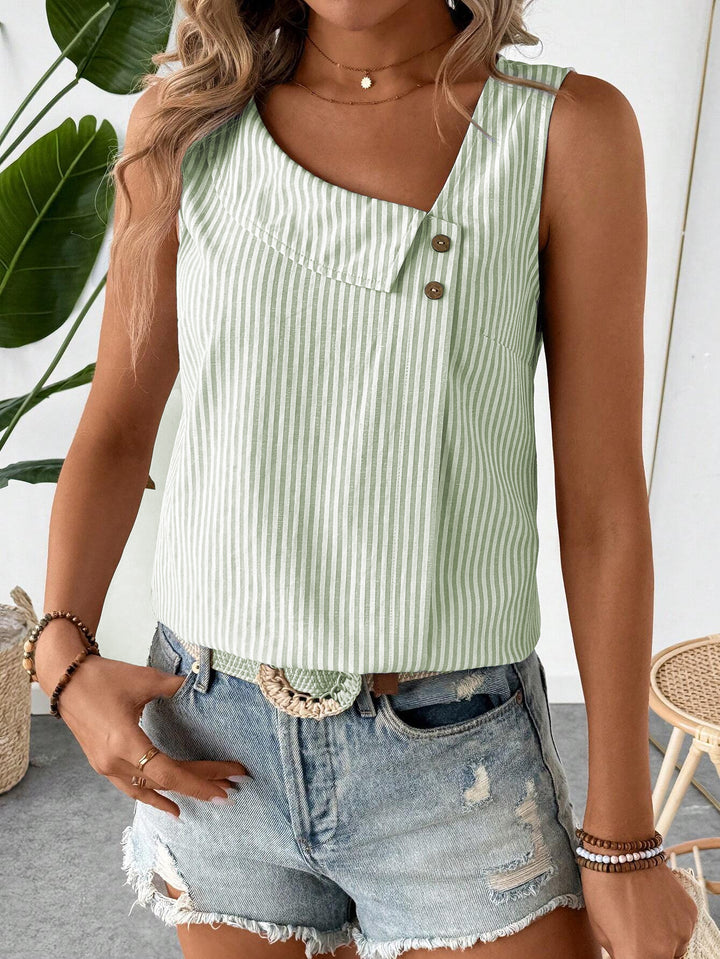 Women's Sleeveless Striped Cropped Linen Top with Asymmetrical Collar and Decorative Buttons Mune Fashion