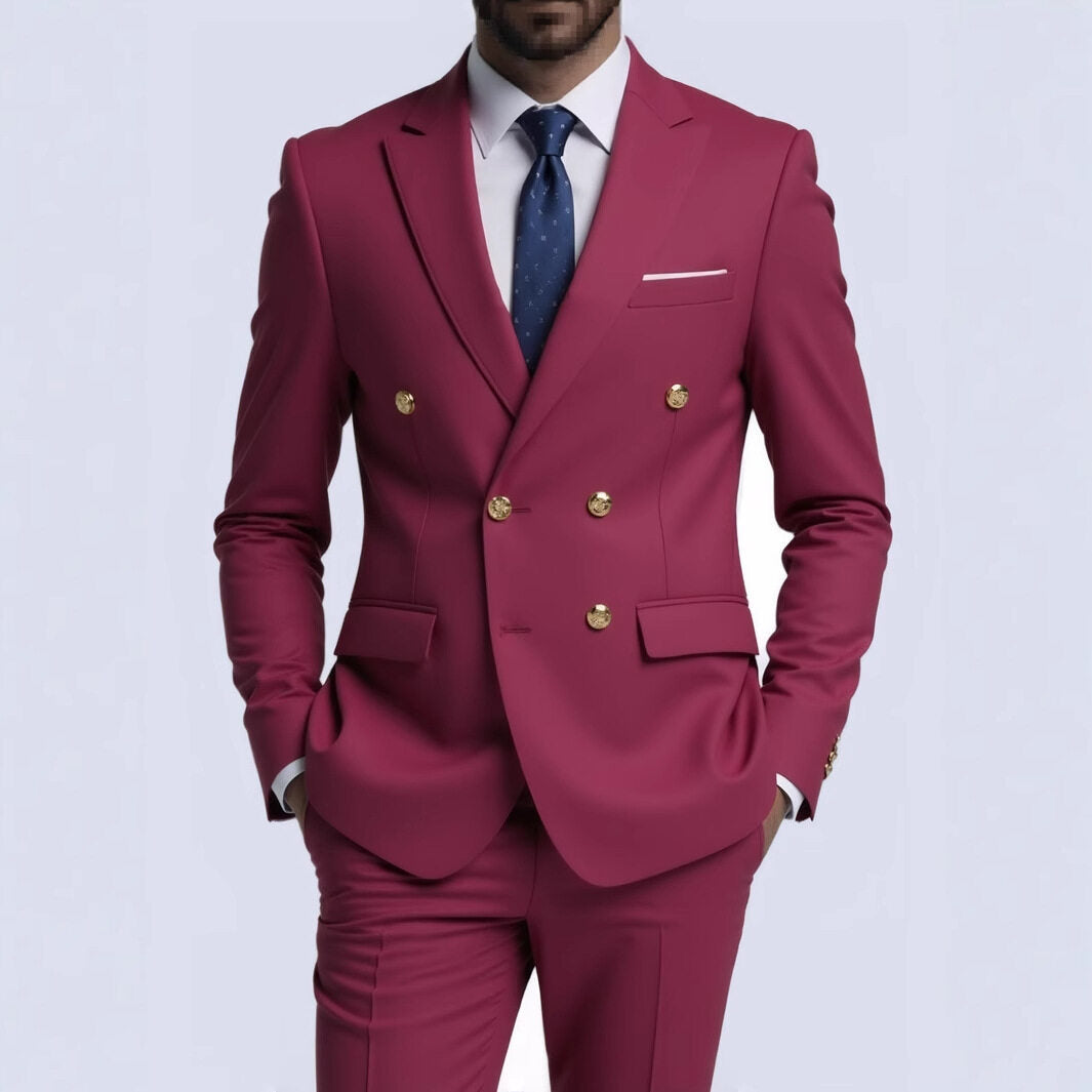 Men's double-breasted Slim-Fit suit with gold decorative buttons and slim business trousers Mune Fashion