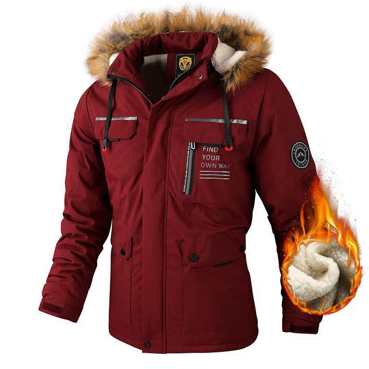 Men's waterproof winter parka with teddy lining, detachable faux fur hood, and multifunctional zip and flap pockets.
