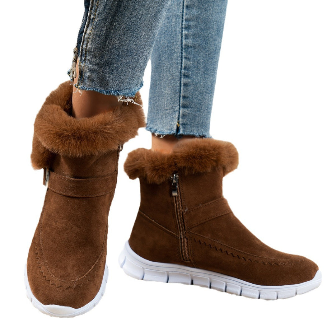 Women's non-fleece short boots with faux fur trim, suede leather look, side zipper, decorative metal buckle, and profiled lightweight sole Mune Fashion