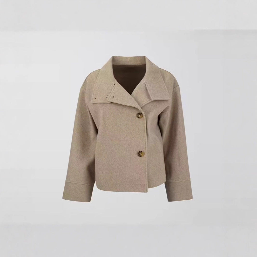 Women's short cut boxy jacket with stand-up collar and asymmetrical button placket Mune Fashion