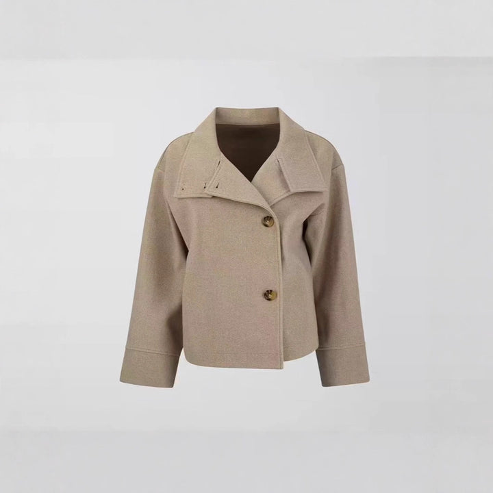 Women's short cut boxy jacket with stand-up collar and asymmetrical button placket Mune Fashion