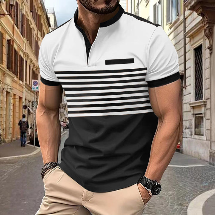 Men's short-sleeved Henley top with short button placket, chest piping, and block stripes Mune Fashion