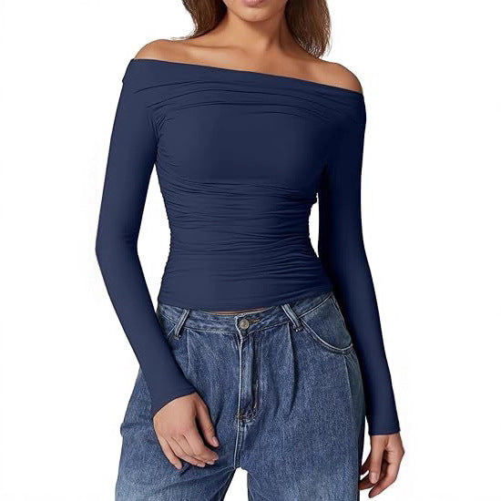 Women's Off-Shoulder Tailored Stretch Long Sleeve with Gathering and Figure-Hugging Silhouette Mune Fashion