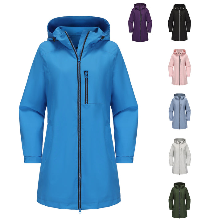 Women's waterproof long raincoat with hood and two-way zipper Mune Fashion