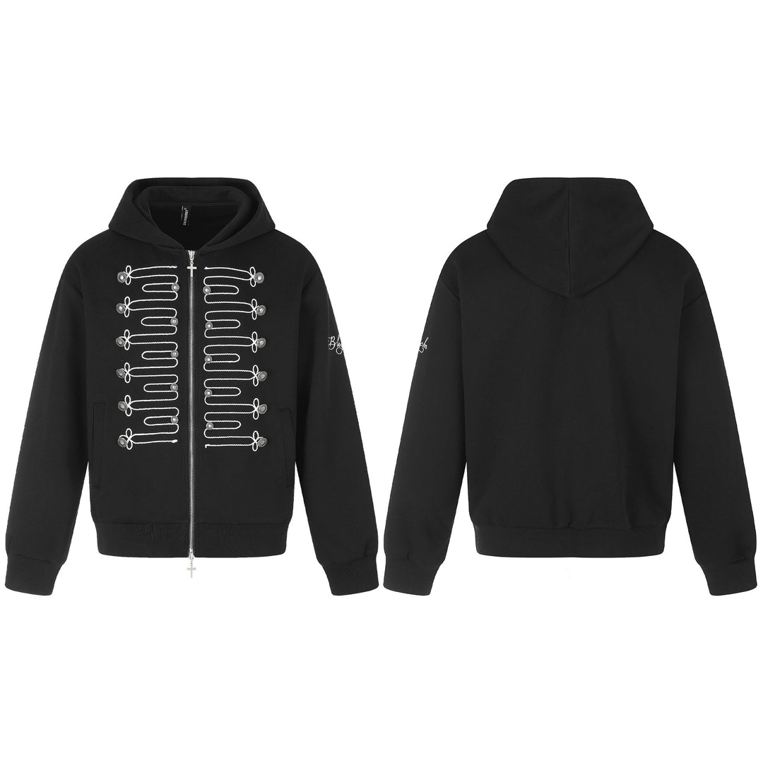 Unisex Hooded Zip Jacket in Military Style with Decorative Cord Application and Cross Zipper Mune Fashion