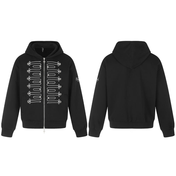 Unisex Hooded Zip Jacket in Military Style with Decorative Cord Application and Cross Zipper Mune Fashion