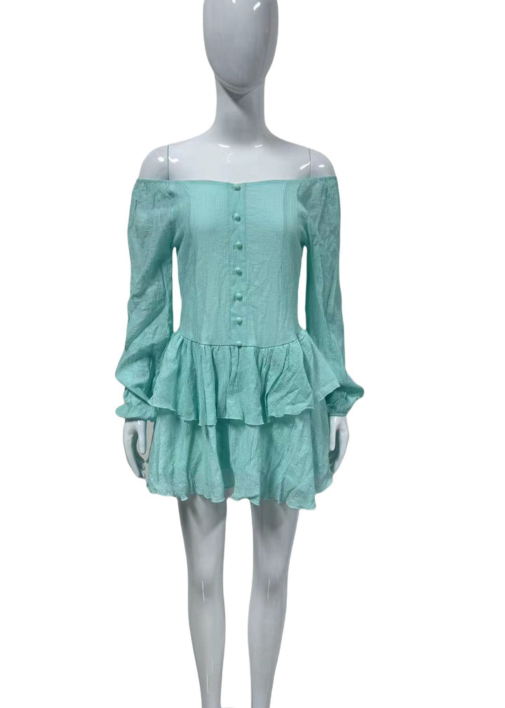 Women Off-Shoulder Tiered Mini Dress with Button Placket Mune Fashion