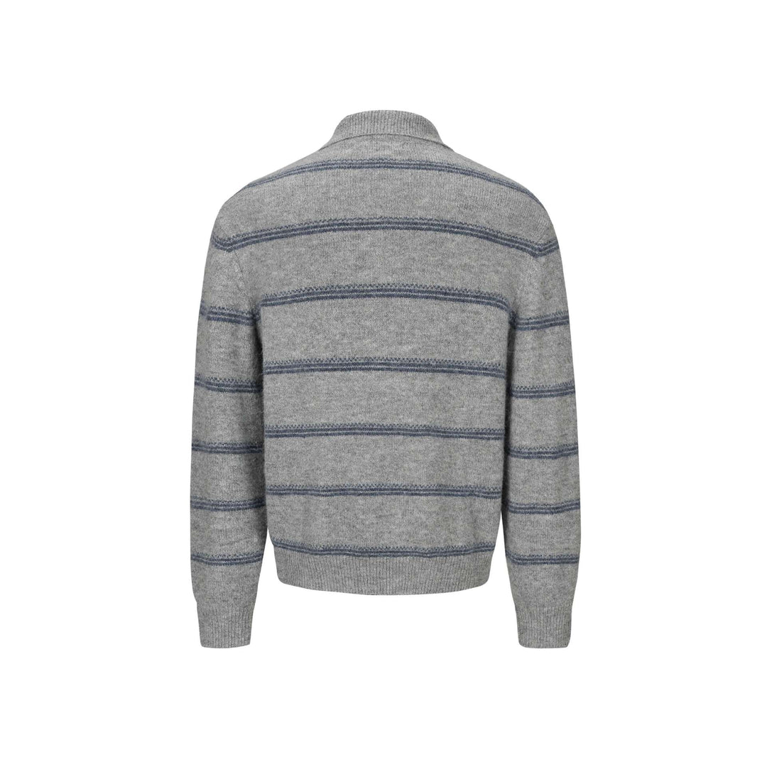 Men's Chunky Knit Polo Collar Sweater with Half Button Placket and Striped Structure Mune Fashion