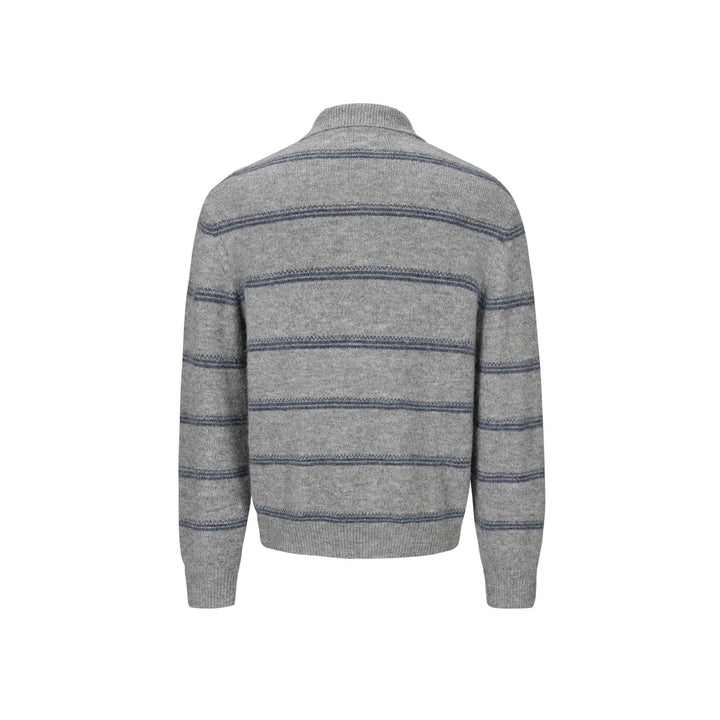 Men's Chunky Knit Polo Collar Sweater with Half Button Placket and Striped Structure Mune Fashion
