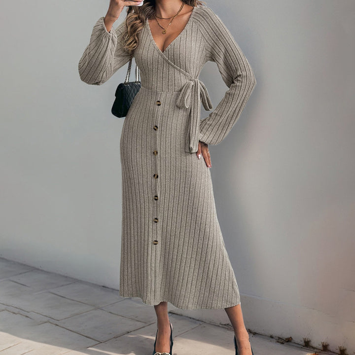 Women's Ribbed Wrap Midi Dress with V-Neck, Balloon Sleeves & Button Placket Mune Fashion