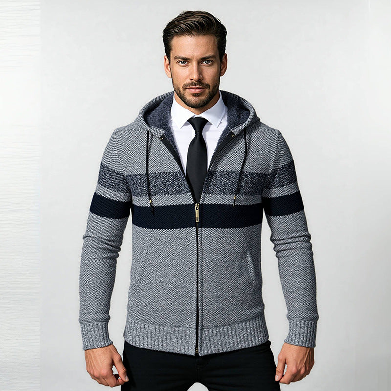 Men's Structured Hooded Cardigan with Contrast Stripes and Full Zip Mune Fashion
