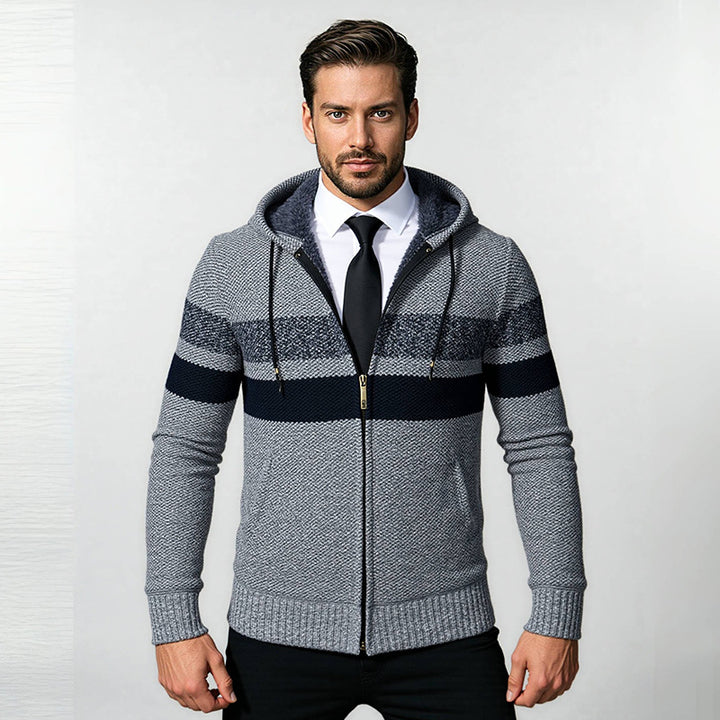 Men's Structured Hooded Cardigan with Contrast Stripes and Full Zip Mune Fashion