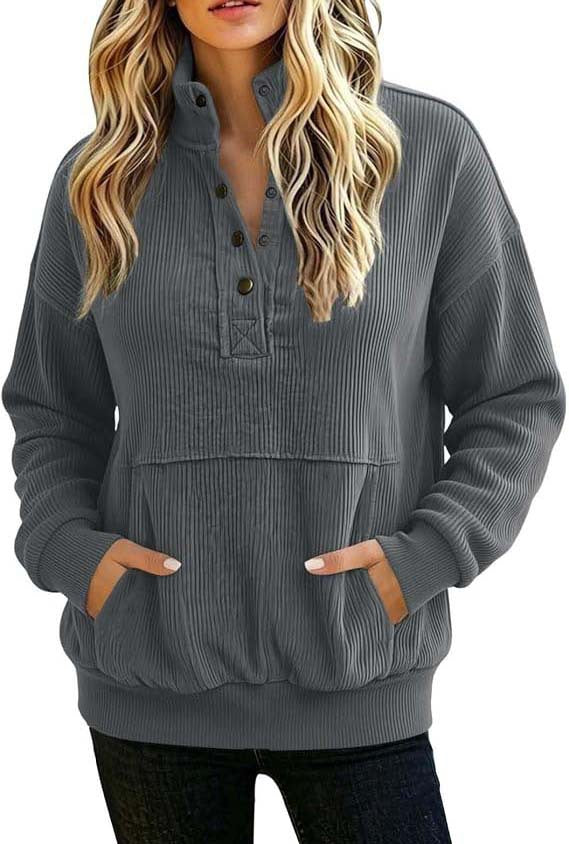 Women's ribbed Henley pullover with stand collar and kangaroo pocket Mune Fashion