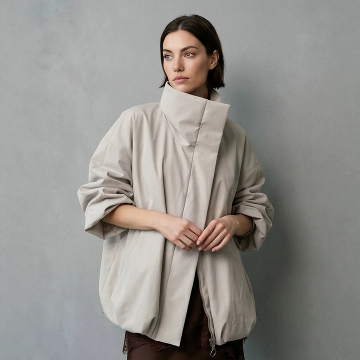 Women's boxy short quilted jacket with high asymmetric stand-up collar Mune Fashion
