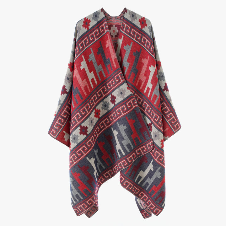 Women's jacquard knit poncho with ethnic animal motifs and open kimono cut Mune Fashion