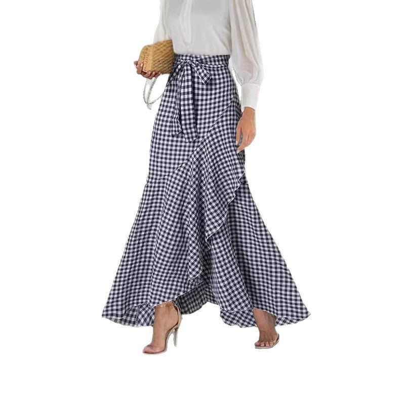 Women nan wrap maxi skirt with Vichy check, high waist tie and asymmetrical flounce hem Mune Fashion