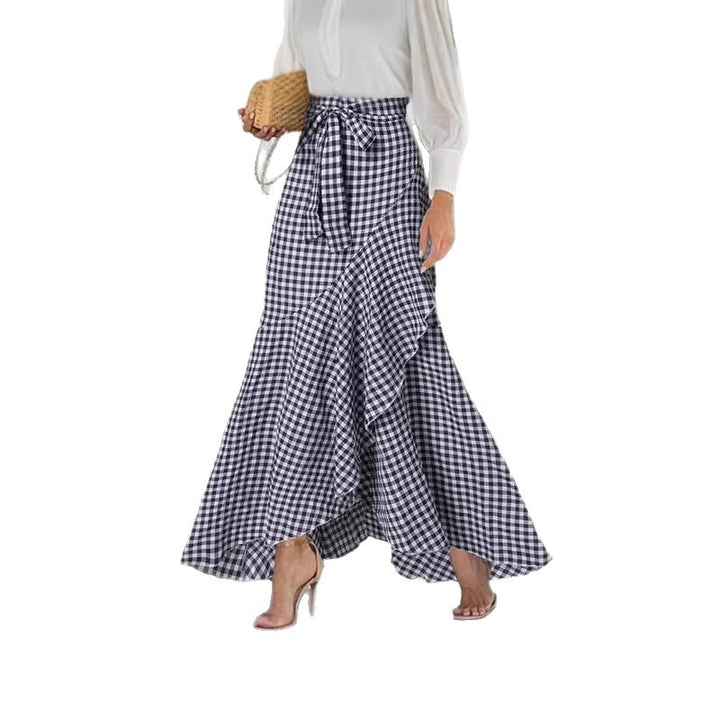 Women nan wrap maxi skirt with Vichy check, high waist tie and asymmetrical flounce hem Mune Fashion