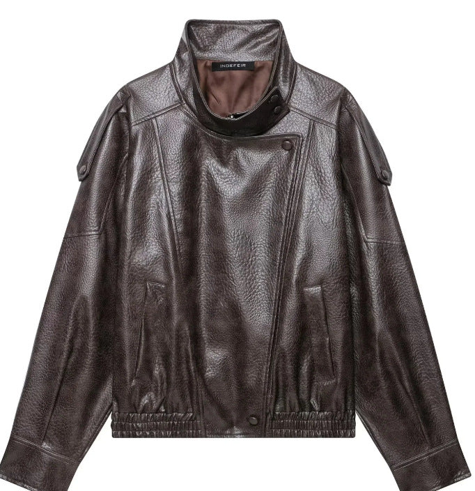 Women's Cropped Faux Leather Bomber with Asymmetric Snap Placket and Funnel Neck Mune Fashion