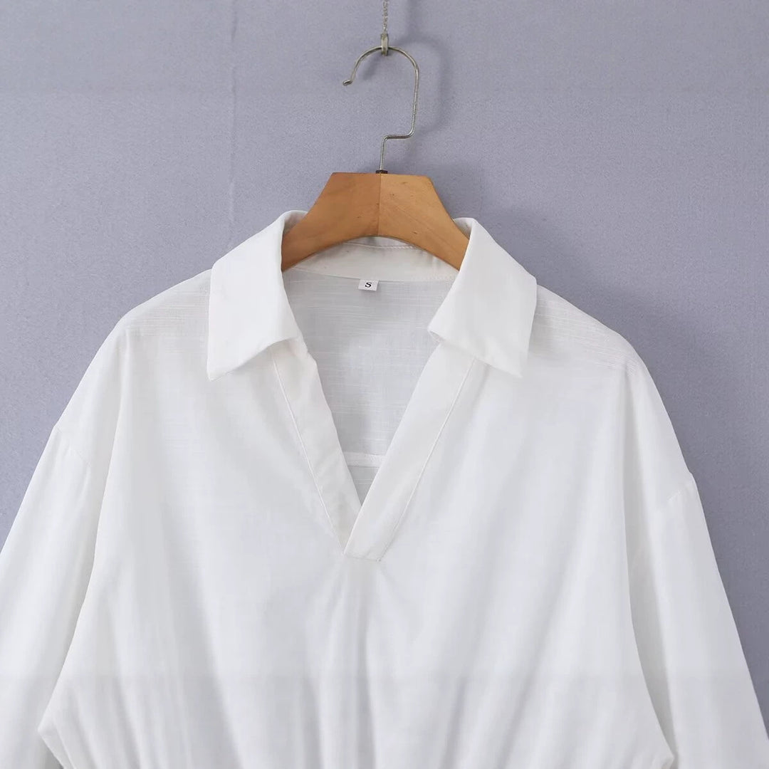 Women's loose blouse with V-neck, shirt collar, and gathered high-low hem Mune Fashion