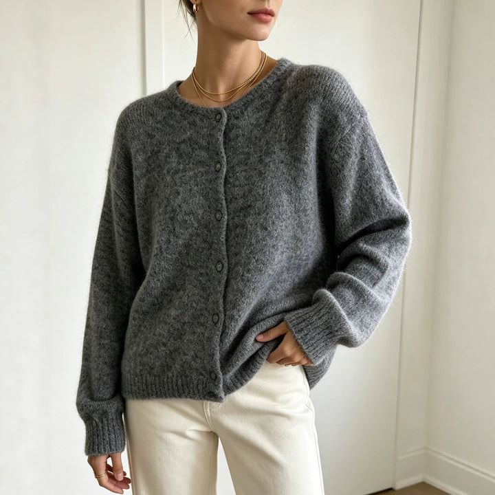 Ladies round neck cardigan with soft flormix, button closure and ribbed cuffs Mune Fashion