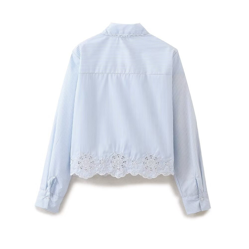 Women's Cropped Blouse with Embroidered Lace Collar and Crochet Lace Hem Mune Fashion