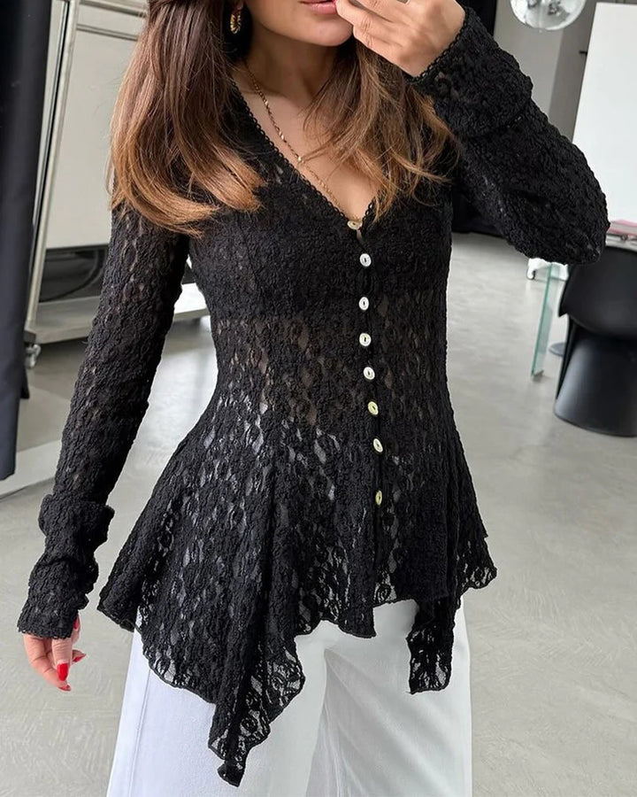 Women's lace blouse with tailored cut, button placket and asymmetrical peplum drape