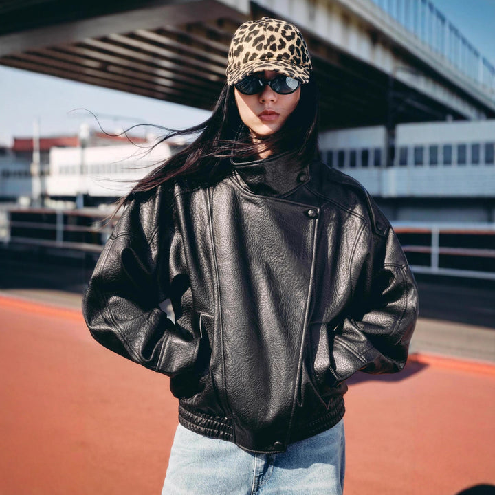 Women's Short Boxy Jacket in Leather Look with High Stand-Up Collar and Elastic Hem Mune Fashion