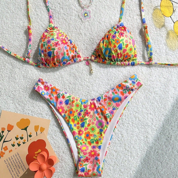 Women's triangle bikini with colorful floral design and fine ruffle details Mune Fashion