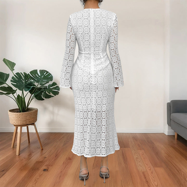 Ladies' midi dress made of crochet lace with a fitted silhouette, trumpet sleeves, and flared hem Mune Fashion