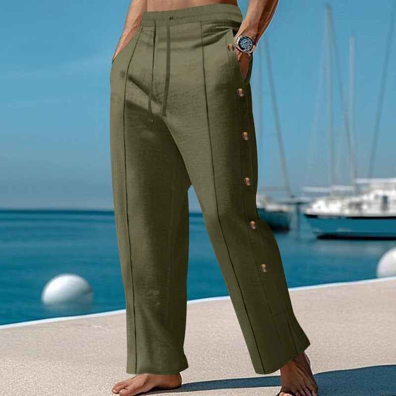 Men's nautical relaxed trousers with wide leg, elastic drawstring waistband and side button placket Mune Fashion